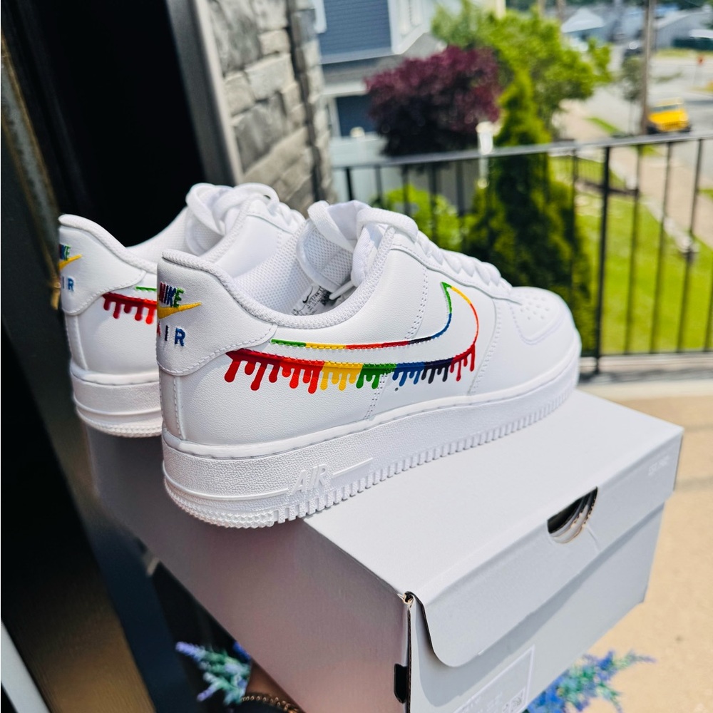 Pride Nike White Sneakers with Colorful Drip Swoosh lgbtq